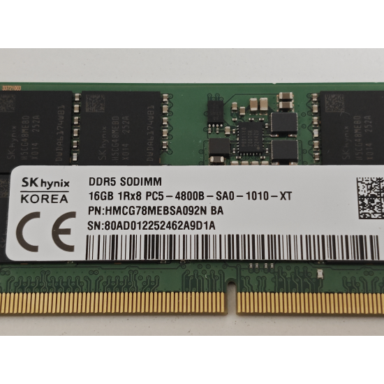 Memorie Ram Laptop SK Hynix 16GB, DDR5, 1Rx8, PC5-4800B-SA0-1010-XT, 4800Mhz, HMCG78MEBSA092N BA, PC5-38400, CL40, 1,1V, Non-ECC, sodimm, 262 pini