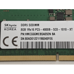 Memorie ram Laptop SK Hynix 8GB, DDR5, 1Rx16, PC5-4800B, 4800Mhz, HMCG66MEBSA092N BA, PC5-38400, CL40, 1.1V, Non-ECC, sodimm, 262 pini, bulk