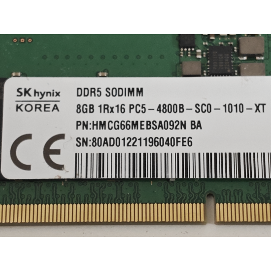 Memorie ram Laptop SK Hynix 8GB, DDR5, 1Rx16, PC5-4800B, 4800Mhz, HMCG66MEBSA092N BA, PC5-38400, CL40, 1.1V, Non-ECC, sodimm, 262 pini, bulk