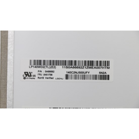 Display Laptop, Lenovo, ThinkPad X1 Carbon 1st Gen Type 3443, 3444, 3446, 3448, 3460, 3462, 3463, 04X1756, 04W6859, SD10A09755, 5D11U33530, LP140WD2(TL)(E2), LP140WD2-TLE2, 14 inch, rezolutie HD+, 1600x900, 320mm latime, 40 pini