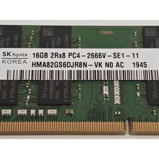 Memorie ram Laptop SK Hynix 16GB, DDR4, 2Rx8, PC4-2666V, 2666Mhz, HMA82GS6DJR8N-VK, PC4-21300, CL19, Non-ECC, sodimm, 260 pini