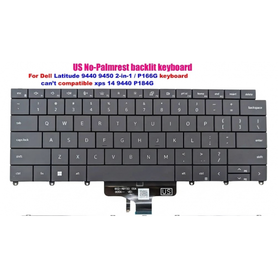 Tastatura Laptop 2-in-1, Dell, Latitude 9440, P166G, P166G001, 242RJ, 0242RJ, iluminata, neagra, layout US
