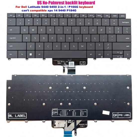 Tastatura Laptop 2-in-1, Dell, Latitude 9440, P166G, P166G001, 242RJ, 0242RJ, iluminata, neagra, layout US
