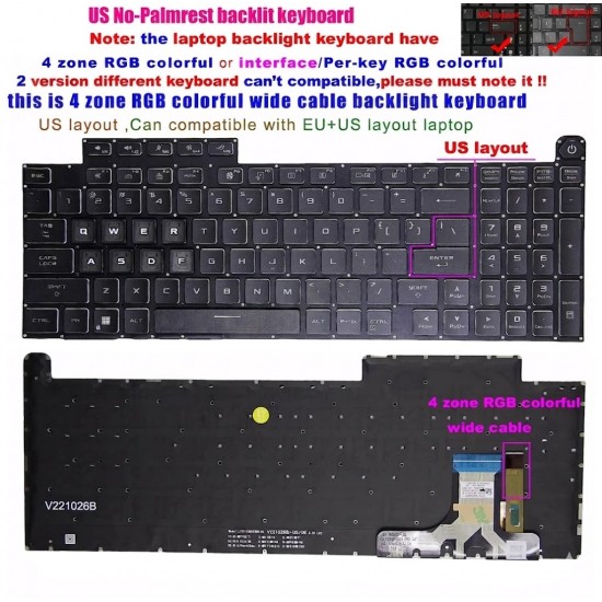 Tastatura Laptop Gaming, Asus, ROG Strix G18 G814J, G814JU, G814JV, G814JI, G814JVR, G814JZR, G814JZR, iluminata, RGB 4 Zone, neagra, layout US