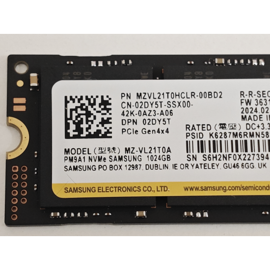 Solid State Drive (SSD) Samsung, 1TB, PCIe 4.0 x 4, NVMe M.2, PM9A1, MZ-LV21T00, MZVL21T0HCLR-00BD2, 7000 MB/s, 5100 MB/s, Laptop/Desktop