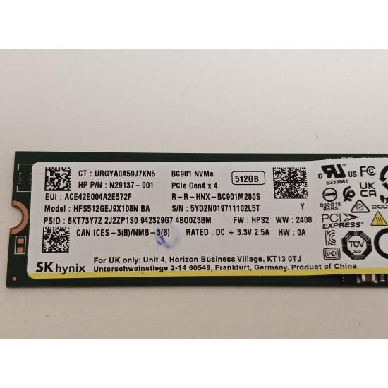 Solid State Drive (SSD) SK Hynix, 512GB, PCIe Gen 4.0 x 4, NVMe M.2, HFS512GEJ9X108N, BC901, N29137-001, 5000 MB/s, 4500 MB/s, Laptop/Desktop