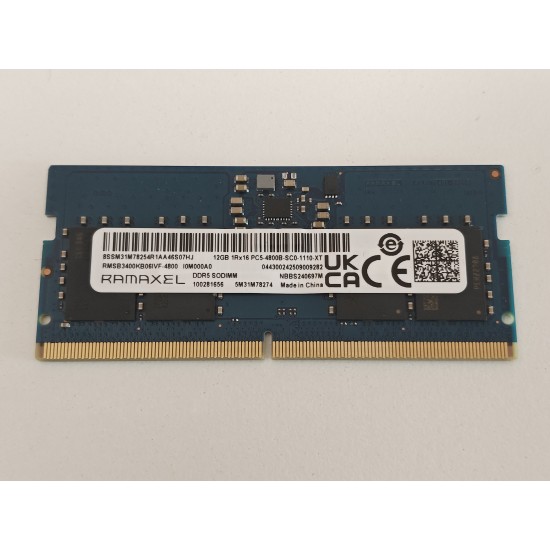 Memorie Ram Laptop, Ramaxel, 12GB, DDR5, 1Rx16, PC5-4800, 4800Mhz, RMSB3400KB06, 1.1V, CL40, PC5-38400, Non-ECC, sodimm, 262 pini