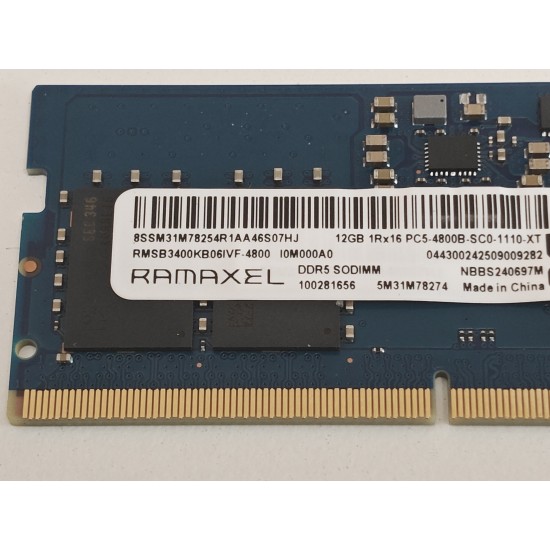 Memorie Ram Laptop, Ramaxel, 12GB, DDR5, 1Rx16, PC5-4800, 4800Mhz, RMSB3400KB06, 1.1V, CL40, PC5-38400, Non-ECC, sodimm, 262 pini