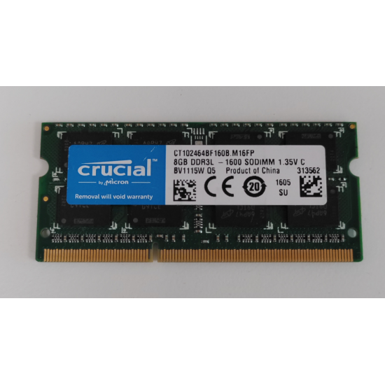 Memorie RAM Laptop, Crucial, 8GB, 2Rx8, DDR3L, PC3L-12800S, 1600MHz, 1.35V, CT102464BF160B.M16FP, CL11, Non-ECC, SODIMM, 204 pini