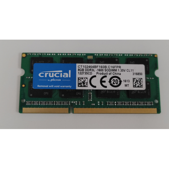 Memorie RAM Laptop, Crucial, 8GB, 2Rx8, DDR3L, PC3L-12800S, 1600MHz, 1.35V, CT102464BF160B.C16FPR, CL11, Non-ECC, SODIMM, 204 pini