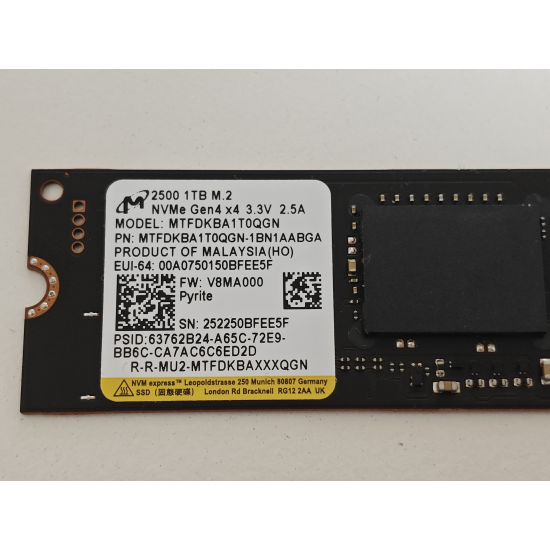 Solid State Drive (SSD) Micron 2500, 1GB, PCIe Gen 4.0 x 4, NVMe M.2, MTFDKBA1T0QGN-1BN1AABGA, 7100 MB/s, 6000 MB/s, Laptop/Desktop, bulk