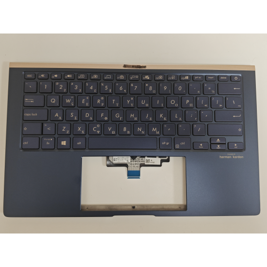 Carcasa superioara cu tastatura palmrest Laptop, Asus, ZenBook 14 UX434F, UX434FA, UX434FAC, UX434FAW, UX434FL, UX434FLC, UX434FQ, 90NB0RM1-R31GR0, 13NB0MP0M04011, 13N1-93A0331, UX434FQ-3B, iluminata, Royal Blue, layout US cu diacritice in greaca (GR)