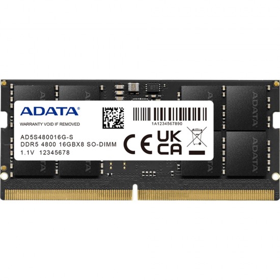 Memorie ram Laptop ADATA 16GB, DDR5, 1Rx8, 4800Mhz, PC5-4800B, AD5S480016G-S, PC5-38400, CL40, 1.1V, Non-ECC, sodimm, 262 pini