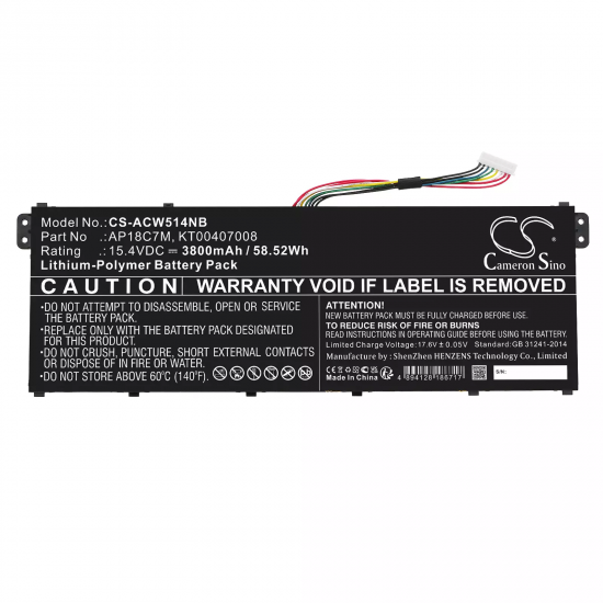 Baterie compatibila Laptop, Acer, KT.00407.008, KT00407008, CS-ACW514NB, AP18C7M, AP18C7K, 4ICP5/57/79, 15.4V, 3800mAh, 58.52Wh