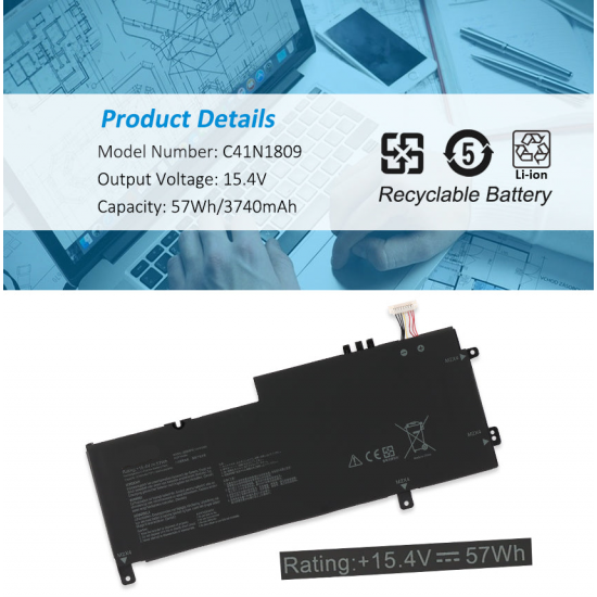 Baterie compatibila Laptop, Asus, ZenBook Flip 15 Q536F, Q536FD, Q536FDX, 0B200-03440000, 4ICP7/54/64, C41N1809, 15.4V, 3640mAh, 57Wh