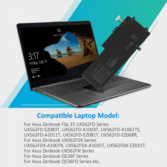 Baterie compatibila Laptop, Asus, ZenBook Flip 15 Q536F, Q536FD, Q536FDX, 0B200-03440000, 4ICP7/54/64, C41N1809, 15.4V, 3640mAh, 57Wh