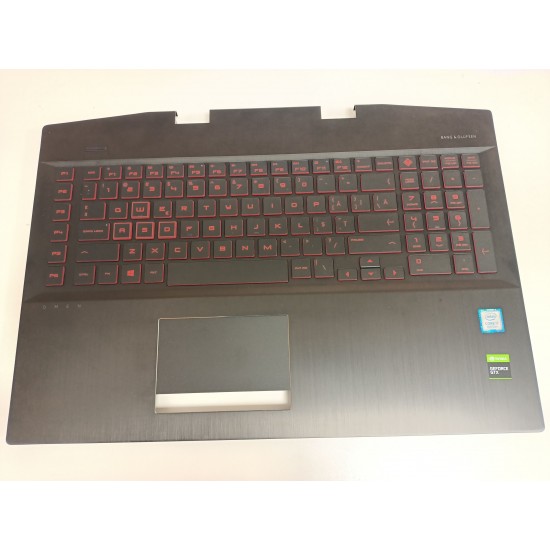 Carcasa superioara cu tastatura palmrest Laptop Gaming, HP, Omen 17-CB, 17T-CB, TPN-C144, L61636-001, L57377-001, AM2K0000300, AM2K0000500, cu iluminare rosie, varianta cu incarcator de 200W, layout US