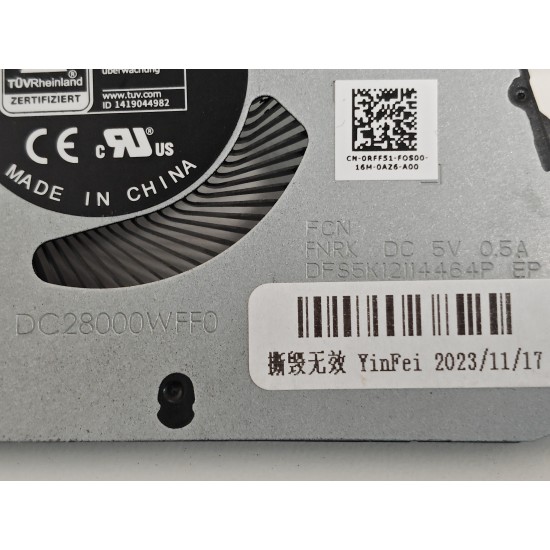 Cooler Laptop, Dell, Pro 16 PC16255, P134F, P134F003, RFF51, 0RFF51, DFS5K12114464P-FNRK, DC28000WFF0, UMA, 5V, 0.5A
