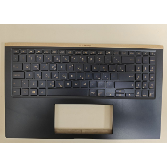 Carcasa superioara cu tastatura palmrest Laptop, Asus, ZenBook 15 UX534F, UX534FA, UX534FAC, UX534FT, UX534FTC, UX534FT-2B, 90NB0NK1-R30GR0, 13NB0NM1P01011-1, 13NB0NM1AM0211, 13N1-9DA0601, iluminata, albastra, layout US/GR (Greek)