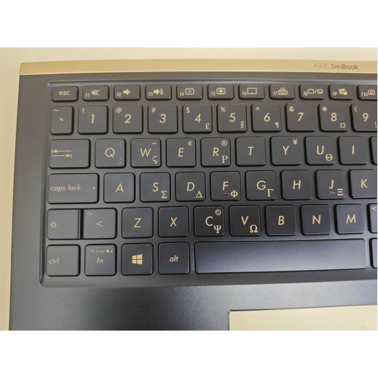 Carcasa superioara cu tastatura palmrest Laptop, Asus, ZenBook 15 UX534F, UX534FA, UX534FAC, UX534FT, UX534FTC, UX534FT-2B, 90NB0NK1-R30GR0, 13NB0NM1P01011-1, 13NB0NM1AM0211, 13N1-9DA0601, iluminata, albastra, layout US/GR (Greek)