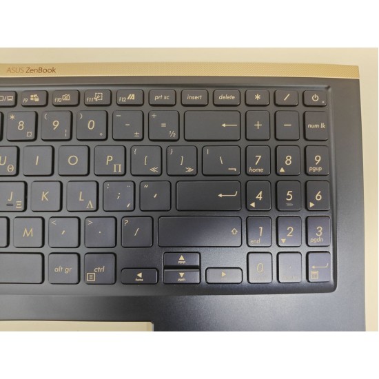 Carcasa superioara cu tastatura palmrest Laptop, Asus, ZenBook 15 UX534F, UX534FA, UX534FAC, UX534FT, UX534FTC, UX534FT-2B, 90NB0NK1-R30GR0, 13NB0NM1P01011-1, 13NB0NM1AM0211, 13N1-9DA0601, iluminata, albastra, layout US/GR (Greek)