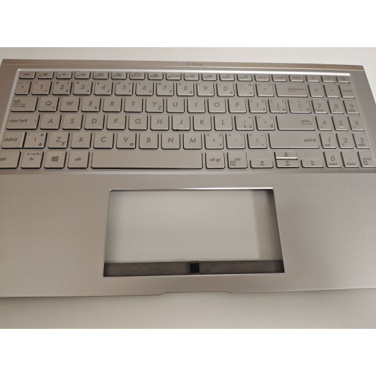 Carcasa superioara cu tastatura palmrest Laptop, Asus, ZenBook 15 UX534F, UX534FA, UX534FAC, UX534FT, UX534FTC, 90NB0NM5-R30380, 13NB0NM1P01011-1, 13N1-9DA0Q01, 13NB0NM5AM0301, UX534FAC-2S, 13NB0NMXM06X1X, iluminata, argintie, layout Ceh si Slovac