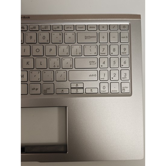 Carcasa superioara cu tastatura palmrest Laptop, Asus, ZenBook 15 UX534F, UX534FA, UX534FAC, UX534FT, UX534FTC, 90NB0NM5-R30380, 13NB0NM1P01011-1, 13N1-9DA0Q01, 13NB0NM5AM0301, UX534FAC-2S, 13NB0NMXM06X1X, iluminata, argintie, layout Ceh si Slovac