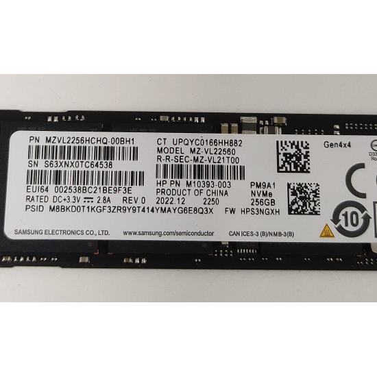Nume: Solid State Drive (SSD) Samsung, 256GB, M.2 NVMe, 2280, MZVL2256HCHQ-00BH1, 3100MB/s, 1300MB/s, Laptop/Desktop, SH