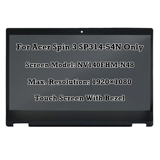 Ansamblu Display cu touchscreen Laptop, Acer, Spin 3 SP314-54N, 6M.HQCN1.001, NV140FHM-N48 V8.1, 14 inch, rezolutie FHD, 1920x1080, 30 pini