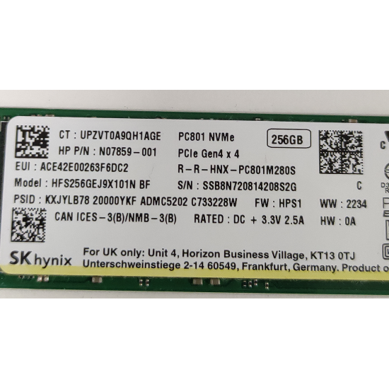 Solid State Drive (SSD) SK Hynix PC801, 256GB, PCIe Gen 4.0 x 4, NVMe M.2, HFS256GEJ9X101N, 4400 MB/s, 2350 MB/s, Laptop/Desktop, Refurbished
