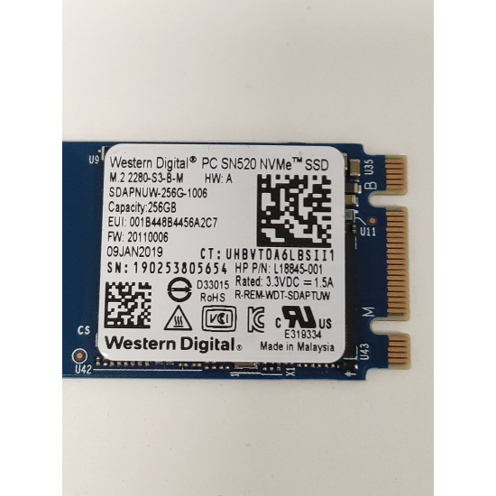 Solid State Drive (SSD) Western Digital PC SN520, 256GB, PCIe Gen 3.0 x 2, NVMe M.2, 2280, SDAPNUW-256G-1006, 1700 MB/s, 1300 MB/s, Laptop/Desktop, Refurbished