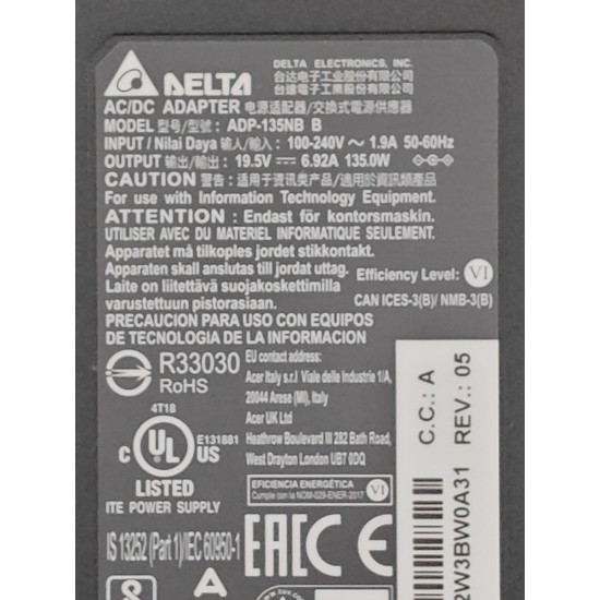 Incarcator Laptop Gaming, Acer, Aspire V17 Nitro VN7-792G, VN7-793G, ADP-135KB T, PA-1131-16, 19V, 7.1A, 135W, mufa 5.5x1.7mm