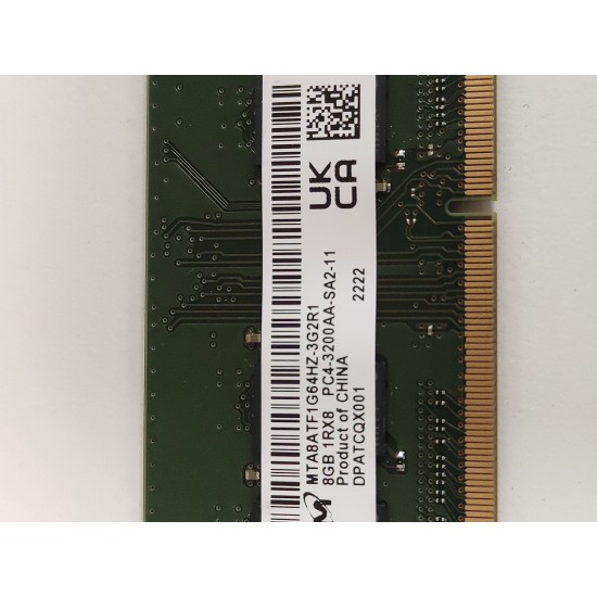 Memorie RAM Laptop, Micron, 8GB, 1Rx8, DDR4, PC4-25600, 3200MHz, 1.2V, MTA8ATF1G64HZ-3G2R1, CL22, Non-ECC, SODIMM, 260 pini
