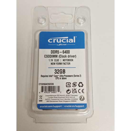 Memorie RAM Laptop, Crucial, 32GB, 1Rx8, DDR5, PC5-51200, 6400MHz, 1.1V, CT32G64C52CS5, CL52, Non-ECC, CSODIMM, 262 pini
