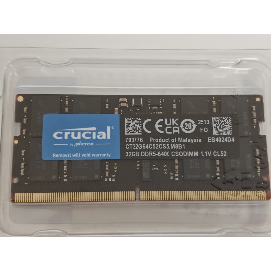 Memorie RAM Laptop, Crucial, 32GB, 1Rx8, DDR5, PC5-51200, 6400MHz, 1.1V, CT32G64C52CS5, CL52, Non-ECC, CSODIMM, 262 pini