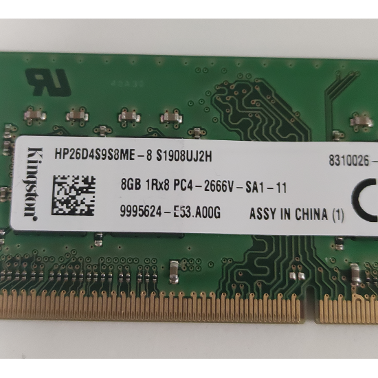 Memorie RAM Laptop, Kingston, 8GB, 1Rx8, DDR4, PC4-21300, 2666MHz, 1.2V, HP26D4S9S8ME-8, 9995624-E53.A00G, CL19, Non-ECC, SODIMM, 260 pini