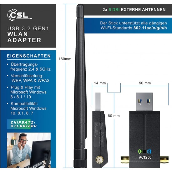 Adaptor USB Wireless CSL, USB 3.2 Gen 1, 1300 Mbps, Dual Band, WiFi 2.4, 5 GHz 2 x 5 dBi, antene externe Accesorii Laptop