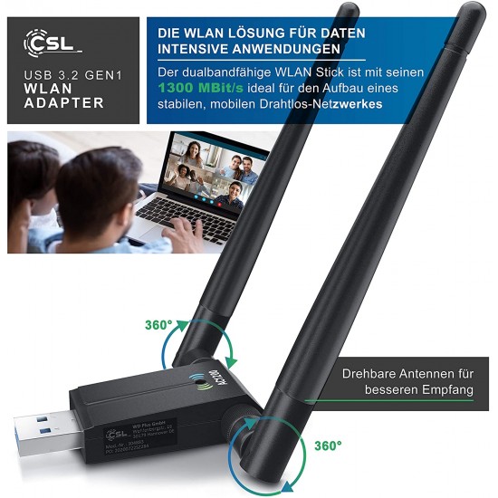 Adaptor USB Wireless CSL, USB 3.2 Gen 1, 1300 Mbps, Dual Band, WiFi 2.4, 5 GHz 2 x 5 dBi, antene externe Accesorii Laptop