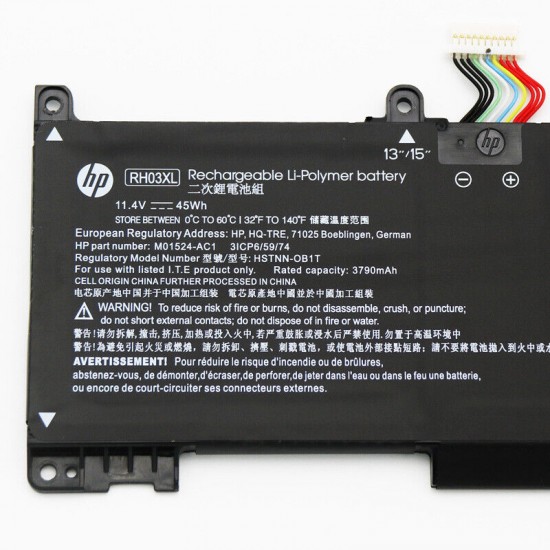 Baterie Laptop, HP, M01524-AC1, 3ICP6/59/74, HSTNN-0B1T, HSTNN-IB9P, HSTNN-OB1T, TPN-DB0B, HSTNN-IB9Q, HSTNN-UB7X, HSTNN-Q31C, M01524-171, M01524-541, M01524-2B1, M01524-2C1, M01524-1D1, M02027-005, RH03XL, 11.4V, 3790mAh, 45Wh