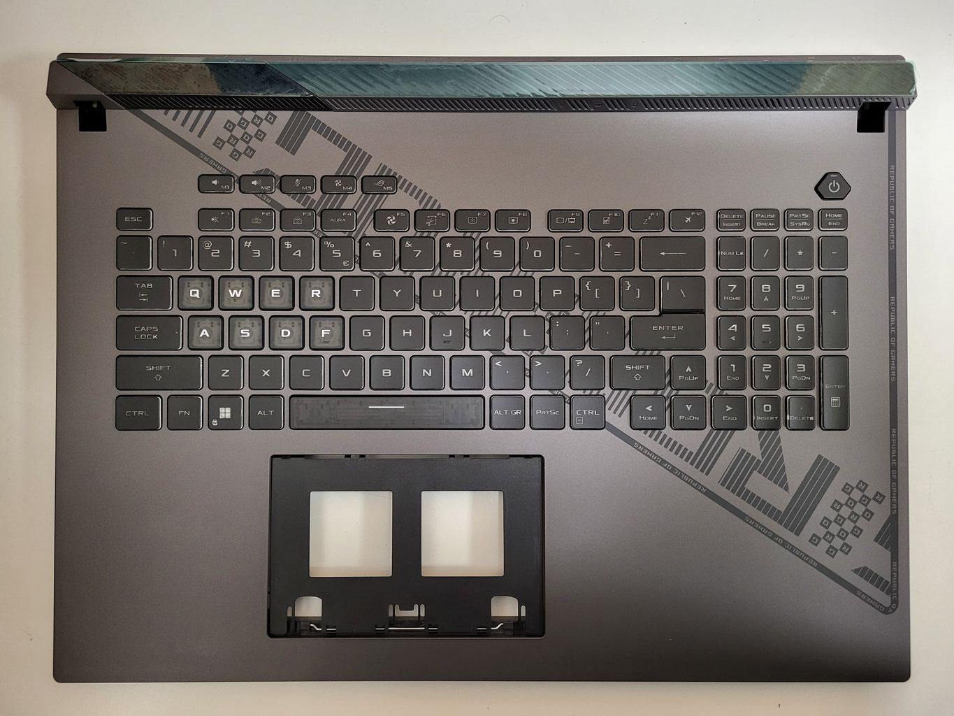 Carcasa superioara cu tastatura palmrest Laptop Gaming, Asus, ROG Strix G18 (2023) G814JV, G814JI, G814JY-1C, 6070B2292802, 90NR0CI1-R33UI1, 13NR0CG0M01011, 13NR0CI1P03011, iluminata, RGB 20 pini, layout US