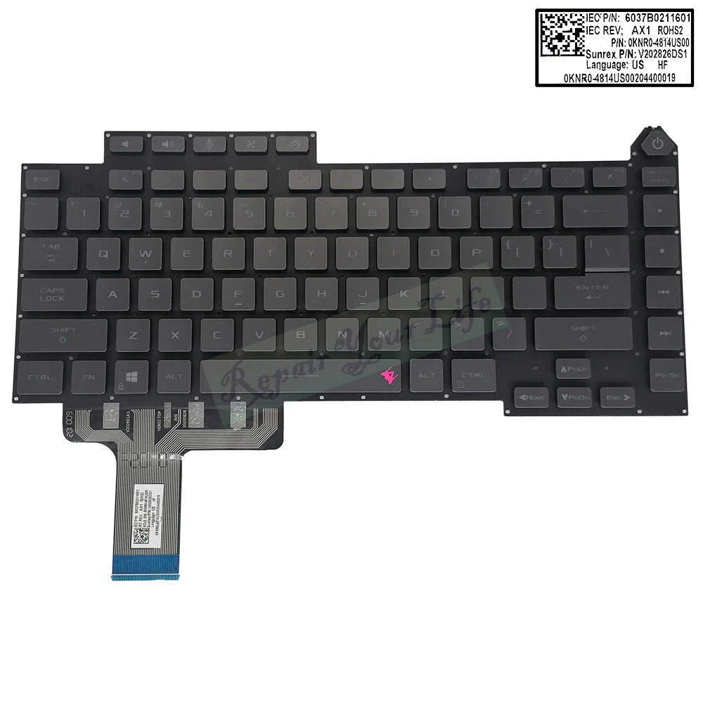Tastatura Laptop Gaming, Asus, ROG Strix Scar 15 G533Z, G533ZM, G533ZS, G533ZW, G533ZX, iluminata, conector RGB 20 pini, gri, layout US
