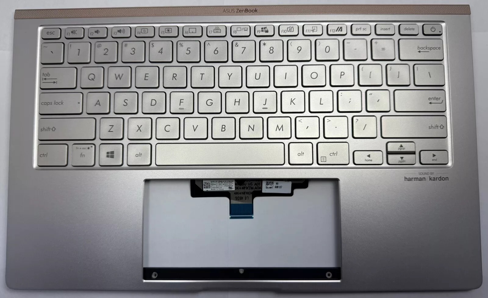 Carcasa superioara cu tastatura palmrest Laptop, Asus, ZenBook 14 UX433F, UX433FA, UX433FN, UX433FAC, 90NB0JQ4-R32UI0, 90NB0JQ4-R32UA, 90NB0JQ4-R32US, UX433FN-2S, 13N1-60A0H31, iluminata, argintie, layout US