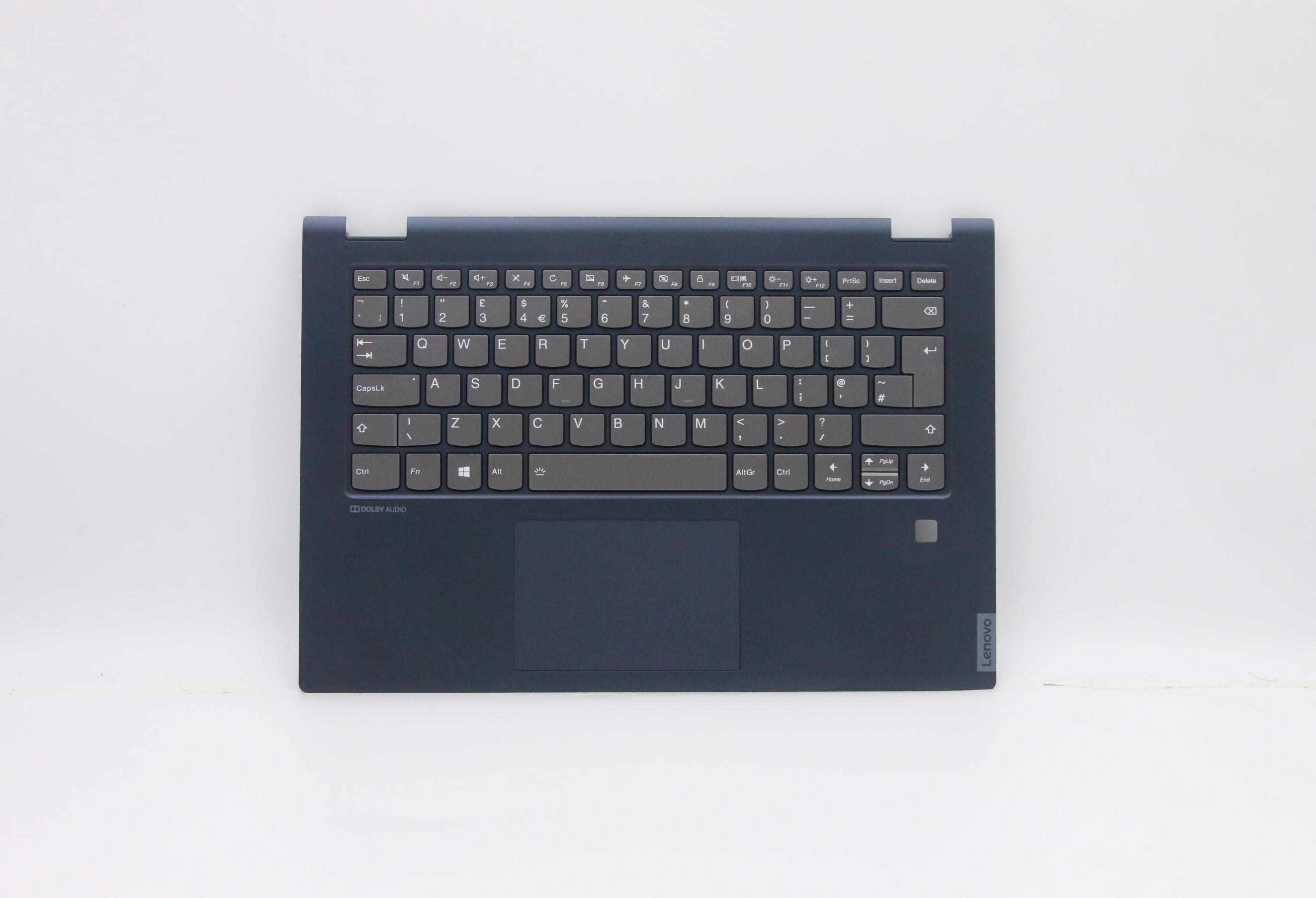 Carcasa superioara cu tastatura palmrest Laptop, Lenovo, IdeaPad C340-14API Type 81N6, 5CB0U42246, AP2GA000C20, cu slot fingerprint, iluminata, albastra, layout UK