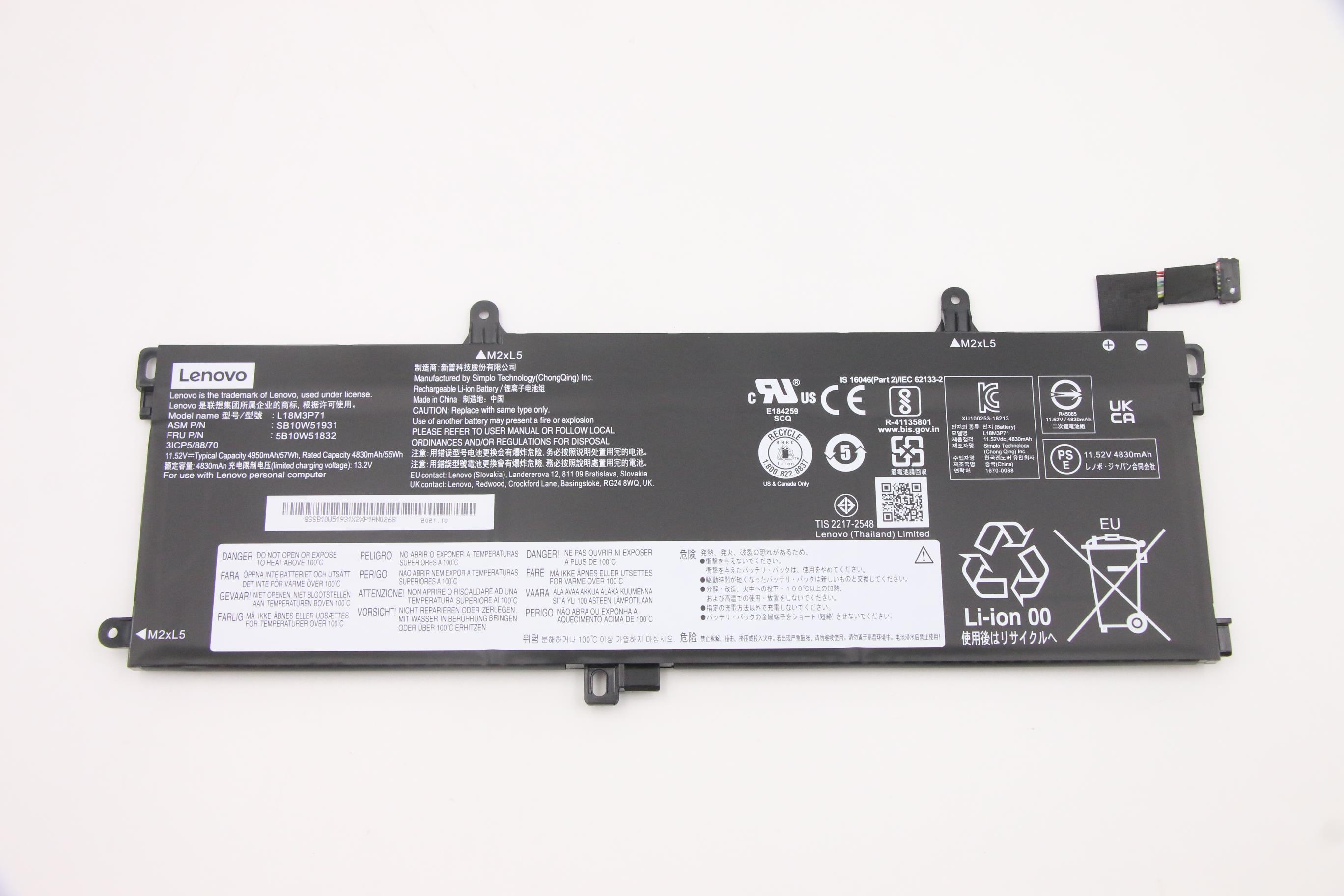 Baterie Laptop, Lenovo, ThinkPad P15s Gen 2 Type 20W6, 20W7, 5B10W51832, 3ICP5/88/70, L18M3P71, 11.52V, 4830mAh, 57Wh