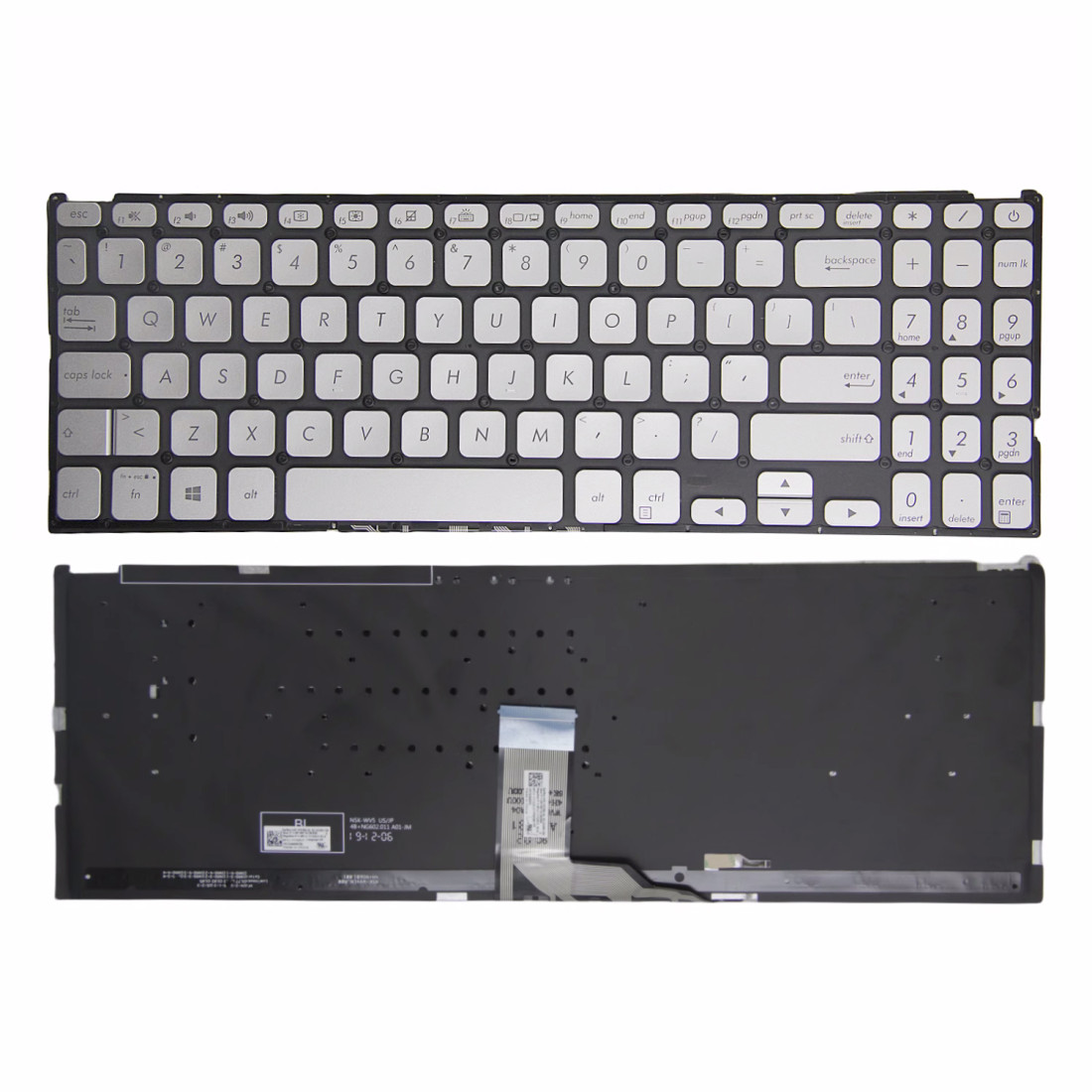 Tastatura Laptop, Asus, VivoBook 15 P1504D, P1504DA, P1504F, P1504FA, P1504J, P1504JA, P1504U, P1504UA, iluminata, argintie, layout US