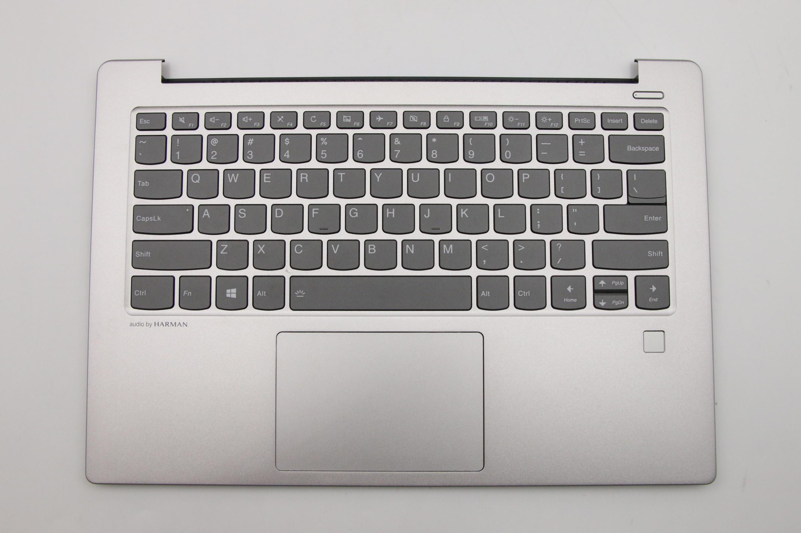 Carcasa superioara cu tastatura palmrest Laptop, Lenovo, IdeaPad 530S-14ARR Type 81H1, 5CB0R12071, AM171000290, AM171000C00, ET171000110, iluminata, argintie, cu fingerprint, layout US