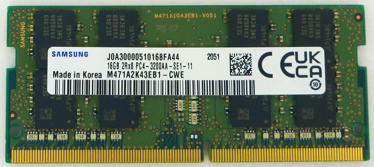 Memorie ram Laptop Samsung 16GB, DDR4, 2Rx8, PC4-3200AA, 3200Mhz, M471A2K43EB1-CWE, PC4-25600, CL22, Non-ECC, sodimm, 260 pini