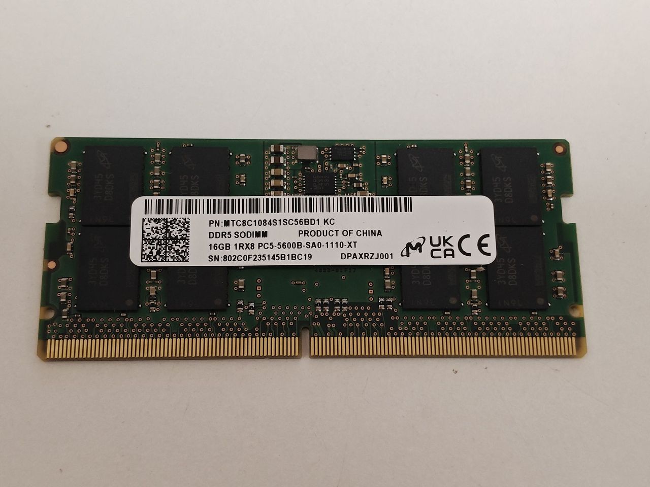 Memorie ram Laptop, Lenovo, FRU SM31L87486, SM31L87486, Micron 16GB, DDR5, 1Rx8, 5600Mhz, PC5-5600B, MTC8C1084S1SC56BD1 KC, PC5-44800, CL46, Non-ECC, sodimm, 262 pini