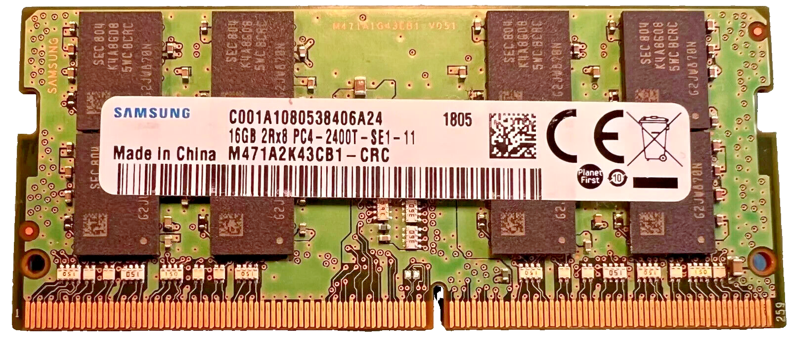 Memorie ram Laptop Samsung 16GB, DDR4, 2Rx8, 2400Mhz, PC4-2400T, M471A2K43CB1-CRC, PC4-19200, CL17, 1.2V, Non-ECC, sodimm, 260 pini