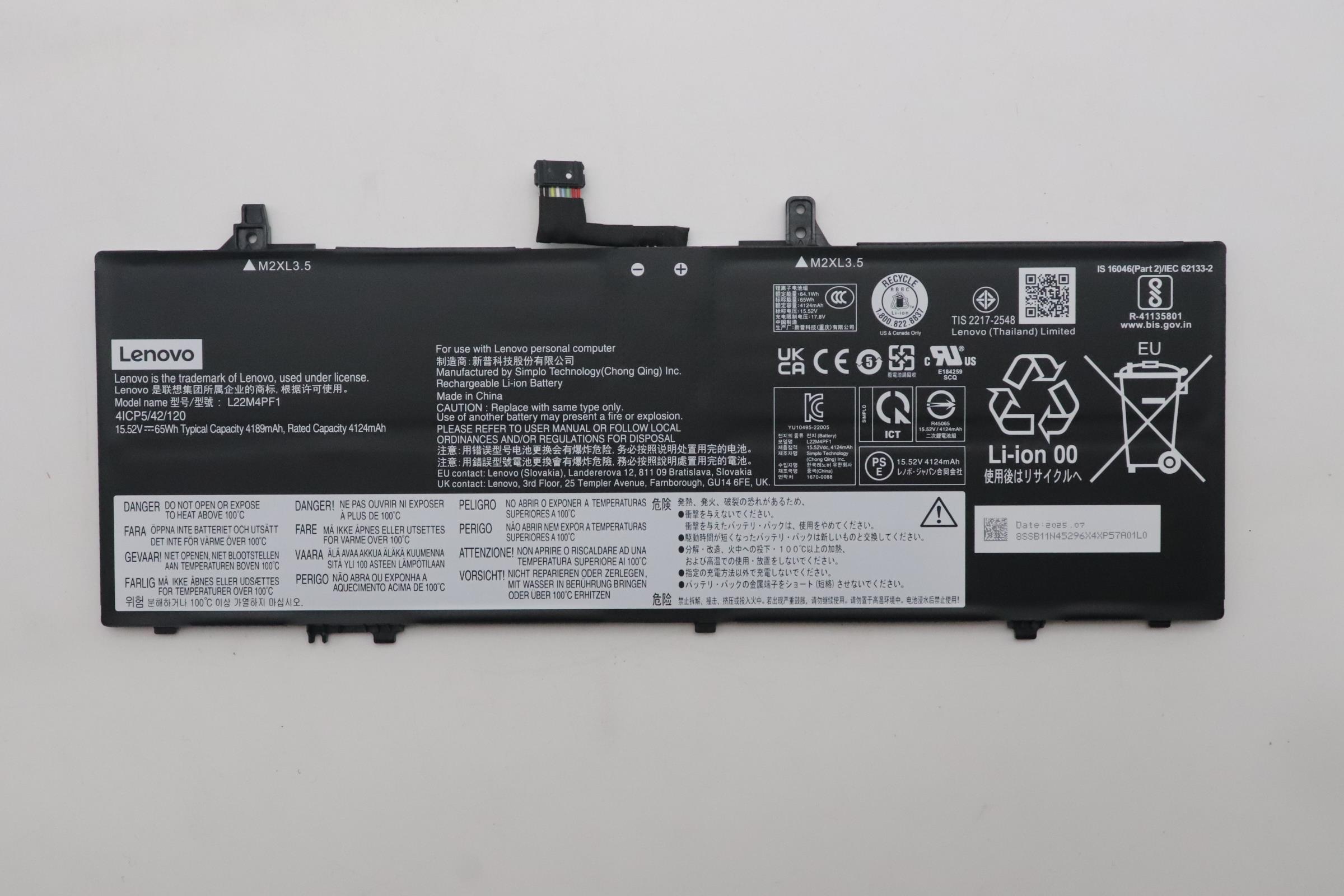 Baterie Laptop, Lenovo, 5B11J63623, 5B11J63614, 5B11J63619, 5B11N45328, 5B11N45340, 5B11N45298, L22C4PF1, L22D4PF1, L22M4PF0, 4ICP5/42/120, L22M4PF1, 15.52V, 4124mAh, 65Wh